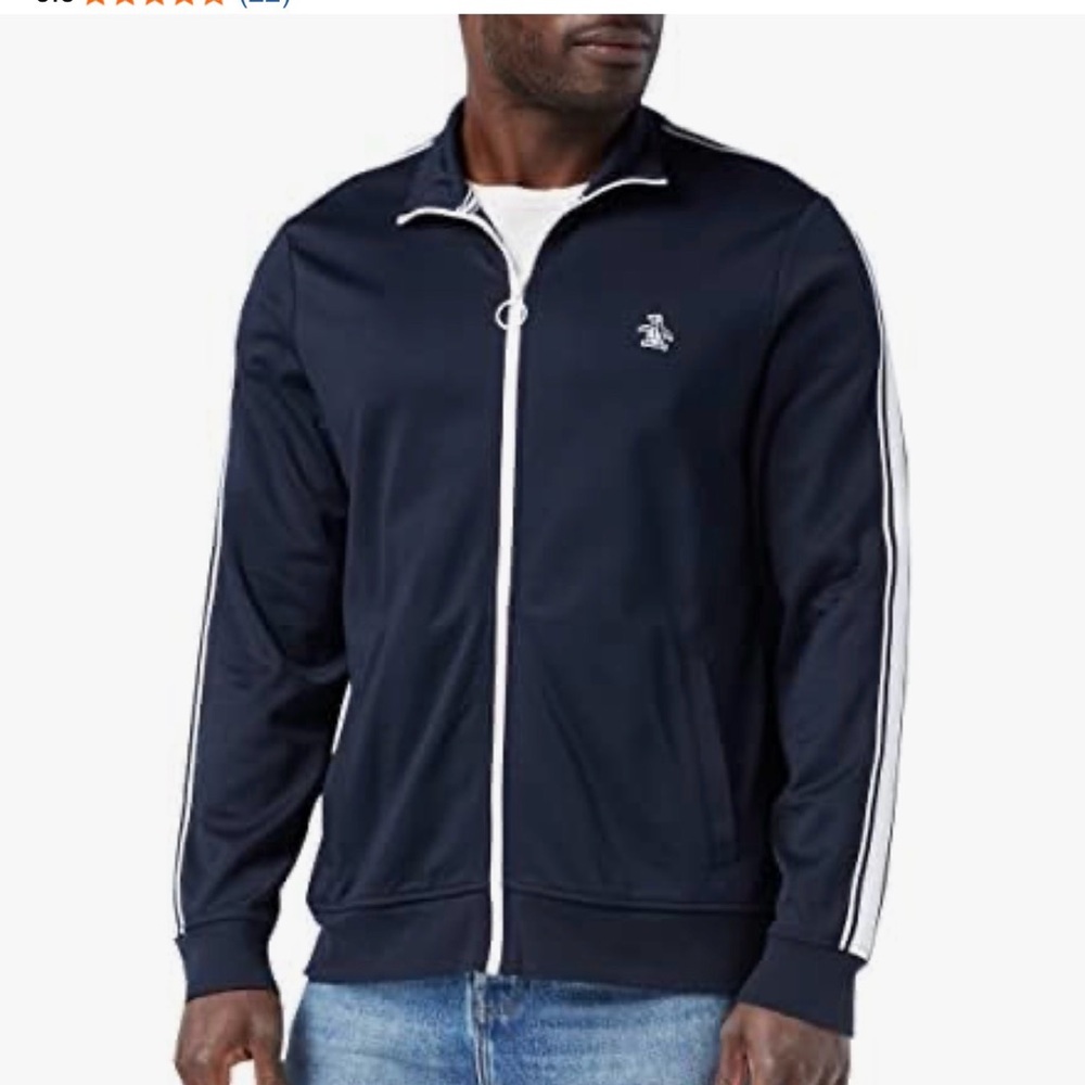 Original Penguin Navy Blue Track Jacket XXL White Sleeve Stripe Full Zip - Picture 7 of 11